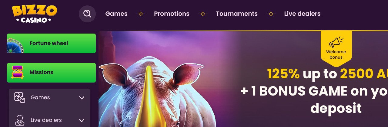Bizzo Casino homepage screenshot — May 2026