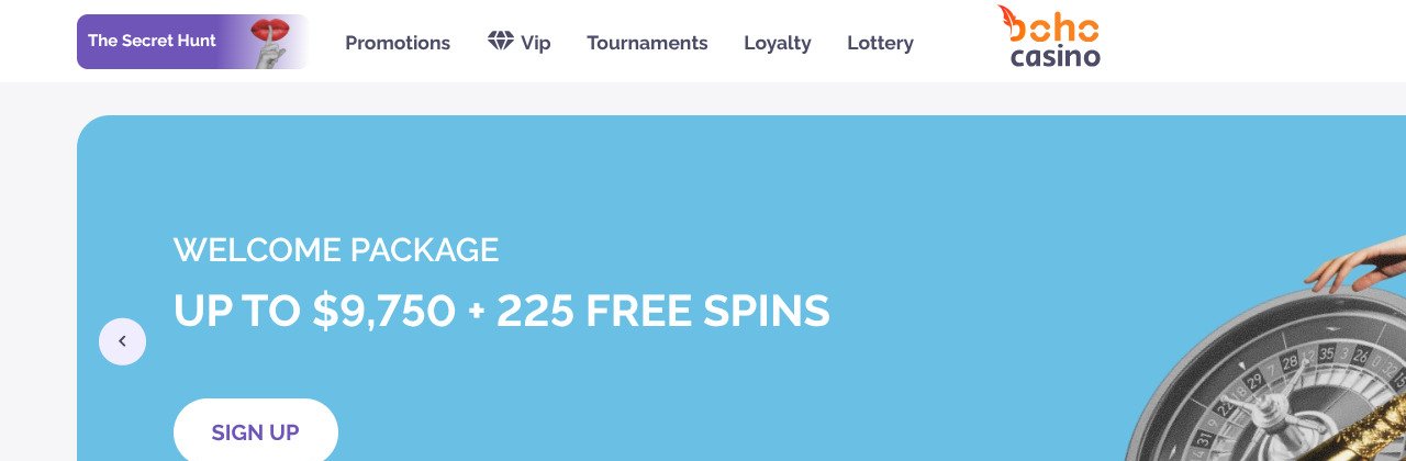 Boho Casino homepage screenshot — May 2026