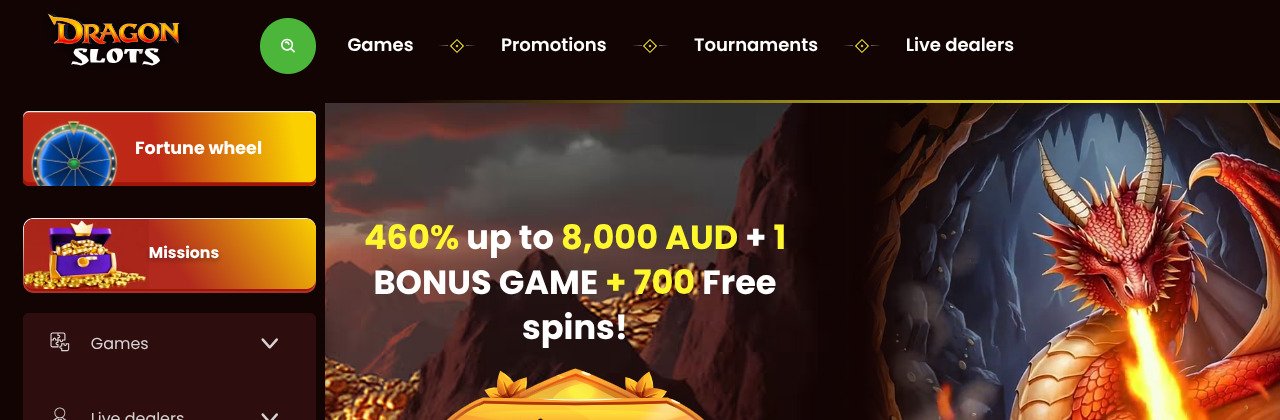 DragonSlots homepage screenshot — May 2026