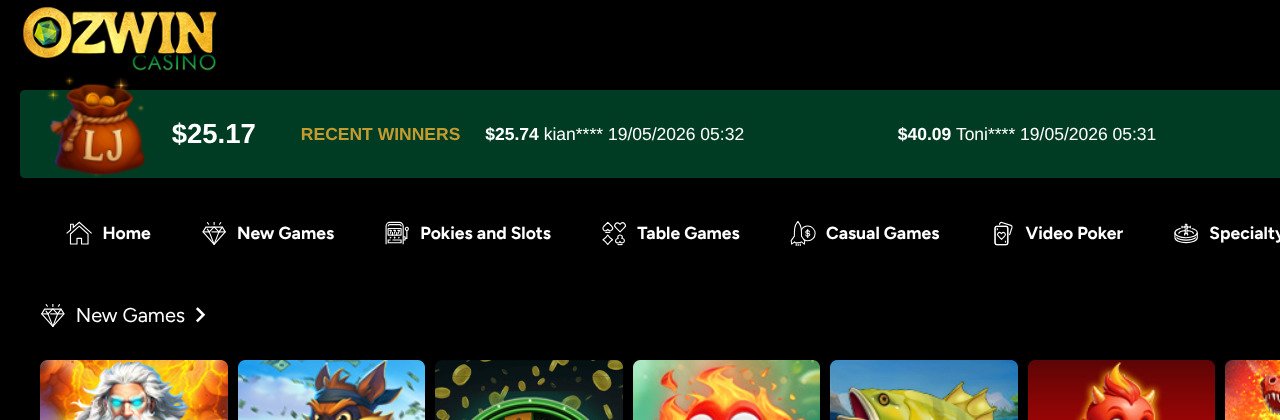 Ozwin Casino homepage screenshot — May 2026